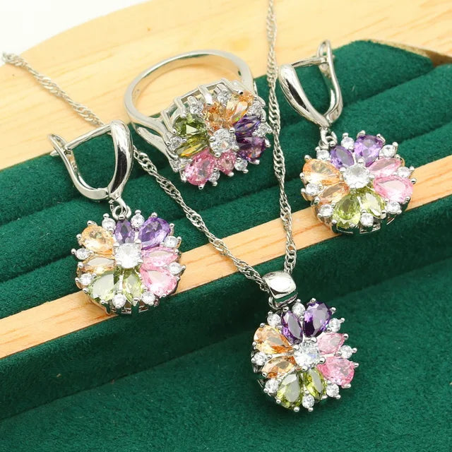 Classic-925-Silver-Gold-Color-Jewelry-Sets-For-Women-Wedding-Multicolor-Zircon-Bracelet-Earrings-Necklace-Pendant