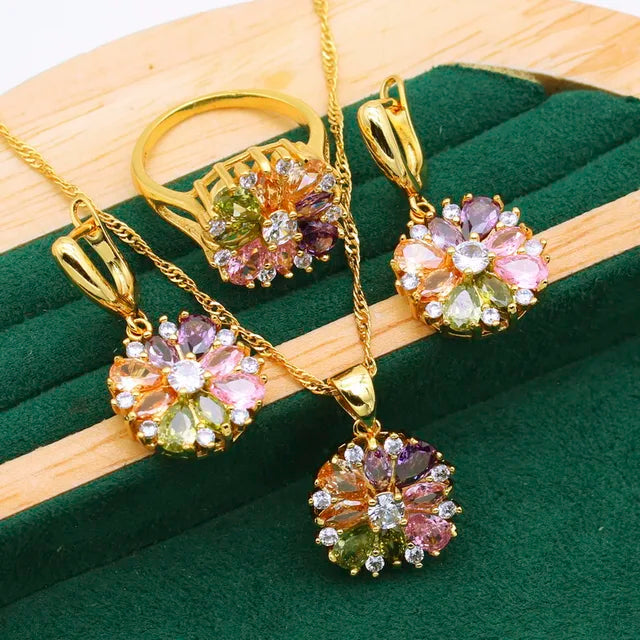 Classic-925-Silver-Gold-Color-Jewelry-Sets-For-Women-Wedding-Multicolor-Zircon-Bracelet-Earrings-Necklace-Pendant