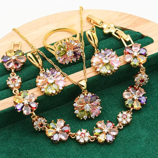 Classic-925-Silver-Gold-Color-Jewelry-Sets-For-Women-Wedding-Multicolor-Zircon-Bracelet-Earrings-Necklace-Pendant