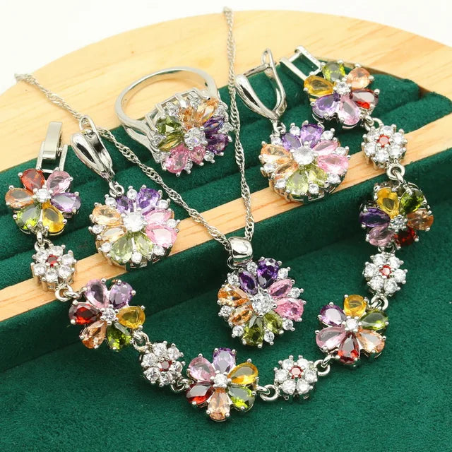 Classic-925-Silver-Gold-Color-Jewelry-Sets-For-Women-Wedding-Multicolor-Zircon-Bracelet-Earrings-Necklace-Pendant