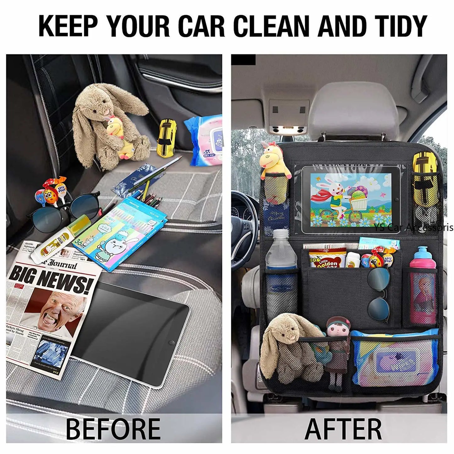 Car Back Seat Organizer with Touch Screen Tablet Holder for Kids & All Others - Black, Car Seat Back Bag Featuring kick mats, a pocket for toys, Mesh Pocket with waterproof Design - Perfect Gift for Kids & Family