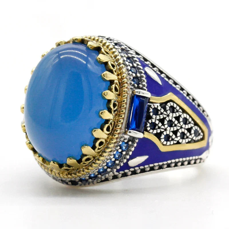 925 Sterling Silver Red Blue Green Black Agate Ring for Men – Bold Türkiye-Inspired Handmade High-Quality Statement Jewelry - Ideal Gift for Him