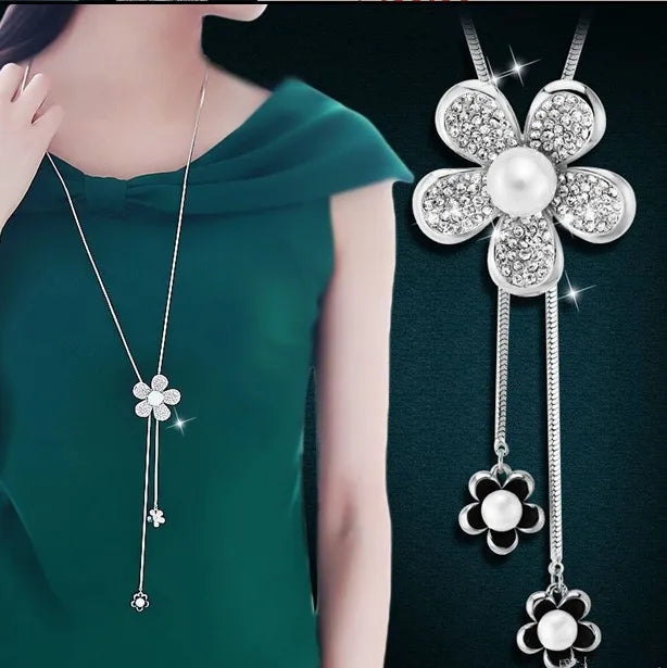 Women's Flower Design Long Pendant Necklaces: Adjustable Size, High Quality & Perfect Match With Winter Sweater Fashion Jewelry - Elegant Gift for Women