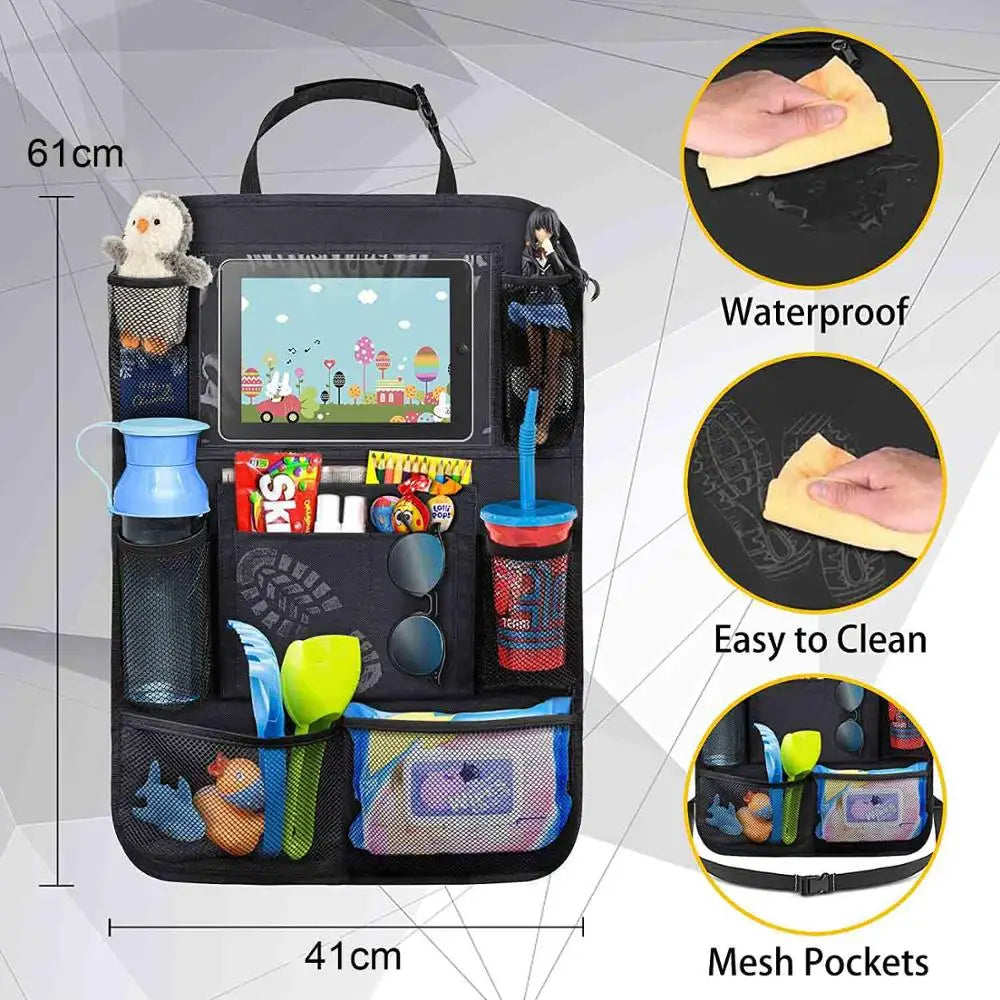 Car Back Seat Organizer with Touch Screen Tablet Holder for Kids & All Others - Black, Car Seat Back Bag Featuring kick mats, a pocket for toys, Mesh Pocket with waterproof Design - Perfect Gift for Kids & Family