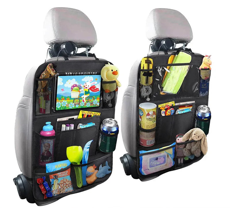 Car Back Seat Organizer with Touch Screen Tablet Holder for Kids & All Others - Black, Car Seat Back Bag Featuring kick mats, a pocket for toys, Mesh Pocket with waterproof Design - Perfect Gift for Kids & Family
