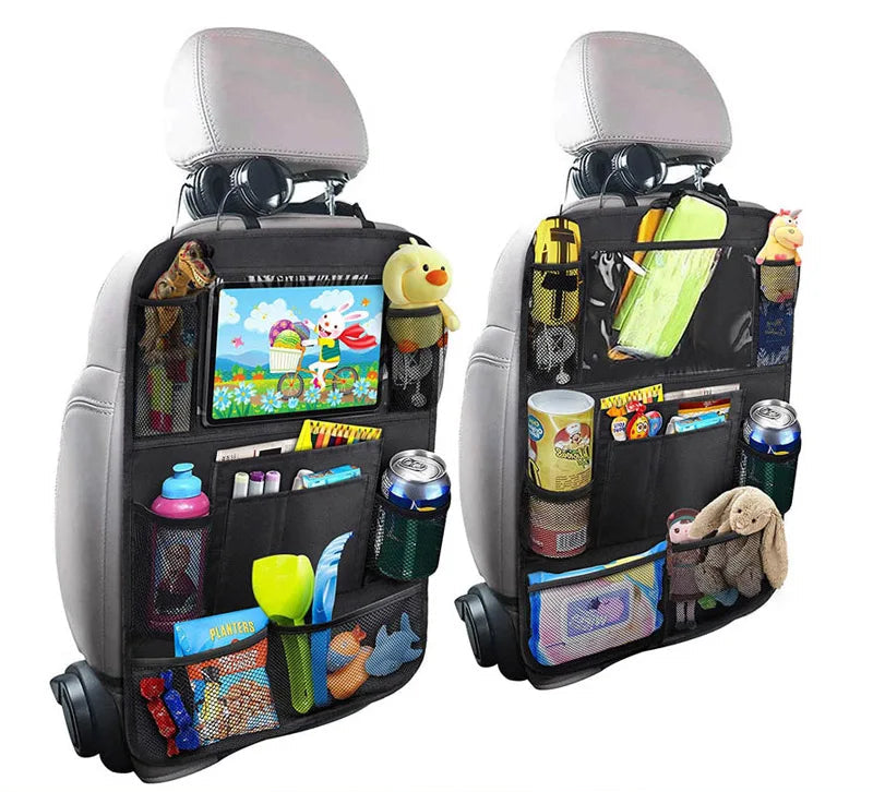 Car Back Seat Organizer with Touch Screen Tablet Holder for Kids & All Others - Black, Car Seat Back Bag Featuring kick mats, a pocket for toys, Mesh Pocket with waterproof Design - Perfect Gift for Kids & Family