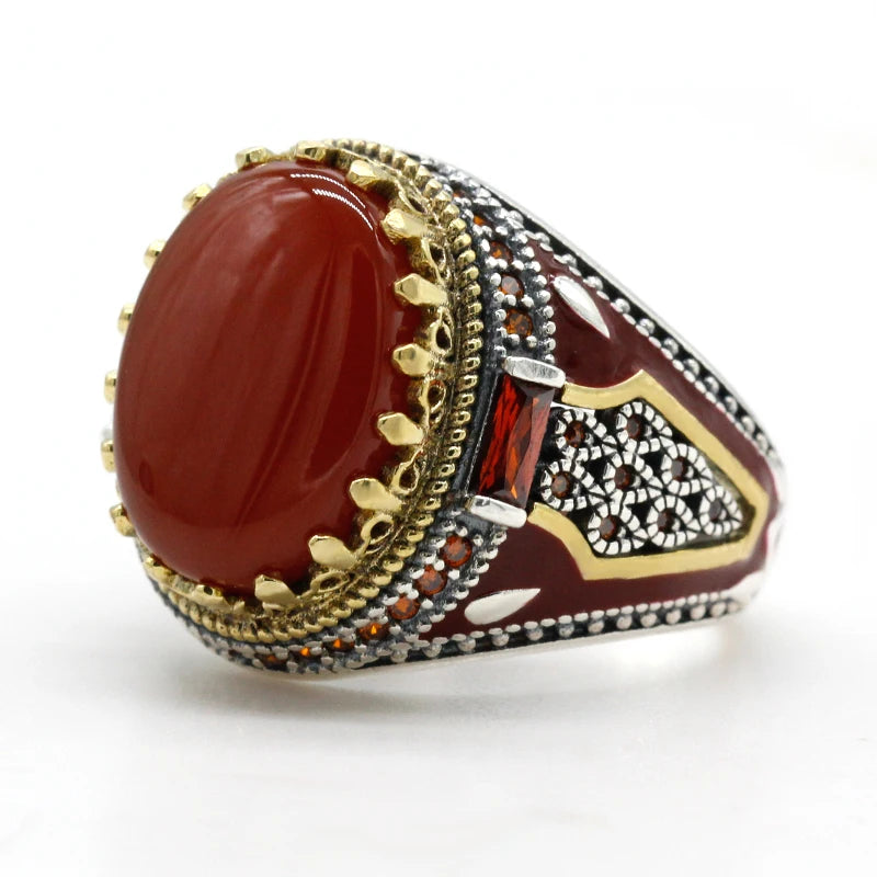 925 Sterling Silver Red Blue Green Black Agate Ring for Men – Bold Türkiye-Inspired Handmade High-Quality Statement Jewelry