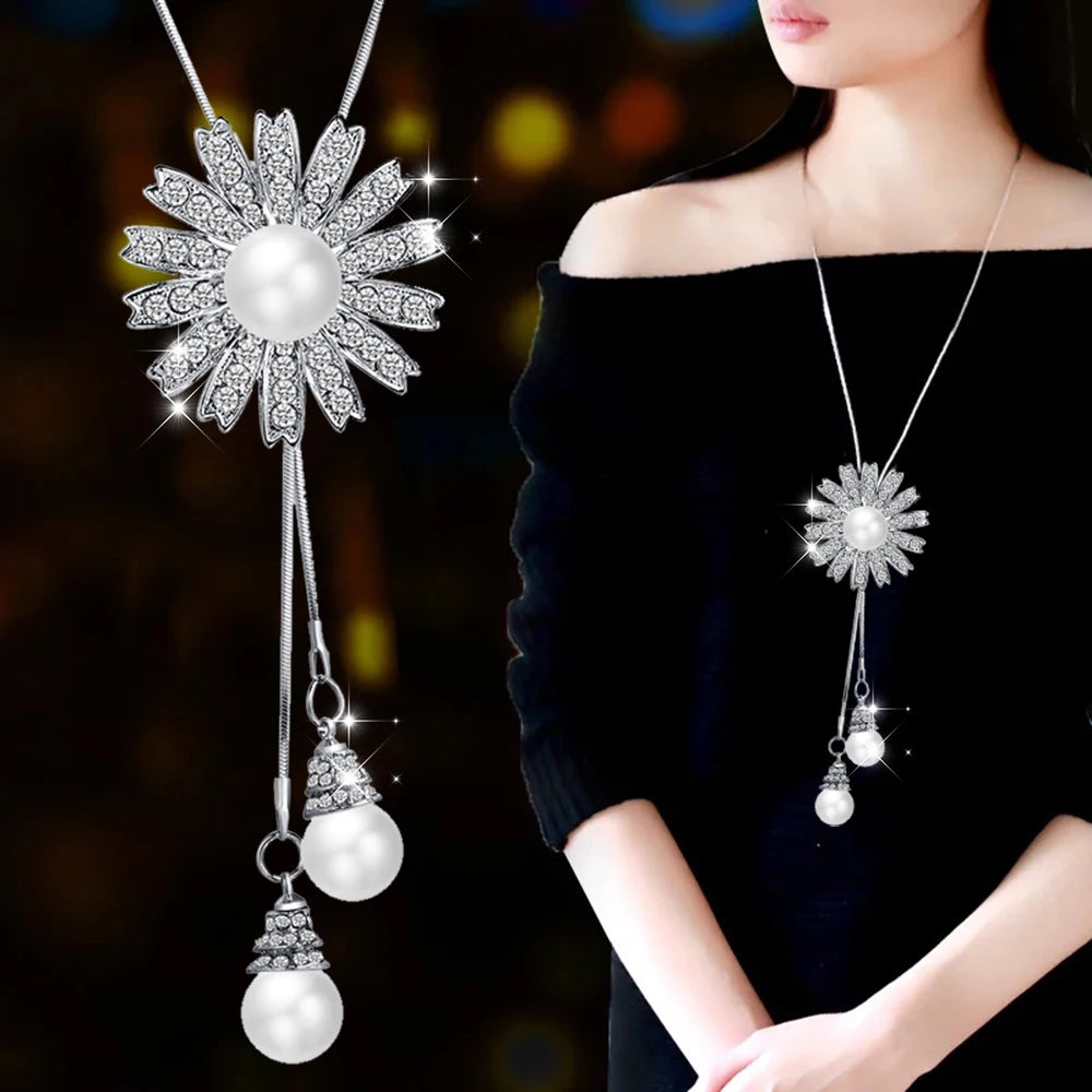 Women's Flower Design Long Pendant Necklaces: Adjustable Size, High Quality & Perfect Match With Winter Sweater Fashion Jewelry - Elegant Gift for Women
