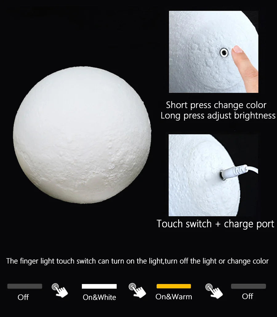 Colorful 3D Moon Lamp – Rechargeable USB LED Touch Light for Bedroom, Home Decor & Night Ambiance - Prfect Gift For All