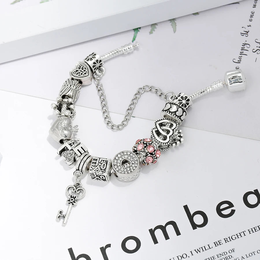 Women's Heart Key Pendant Charm Bracelets - Original Girls Princess Crown Beaded Bracelet Wife Jewelry - Excellent Gift For Women