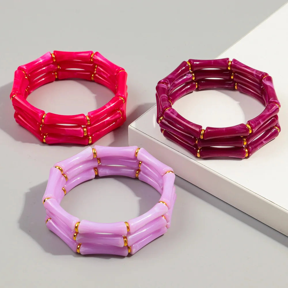 Three Pieces Set of Boho Bamboo Acrylic Bracelets for Women - New Colorful Resin Thin Tube Bead Stretchy Bracelet Bangle Stackable Jewelry - Perfect Gift for Women