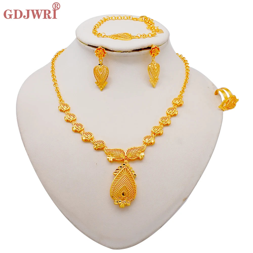 African Indian Gold Jewelry Set for Women – Dubai Style Bridal Tassel Long Necklace, Earrings, Ring & Bangle - Ideal Gift for Her