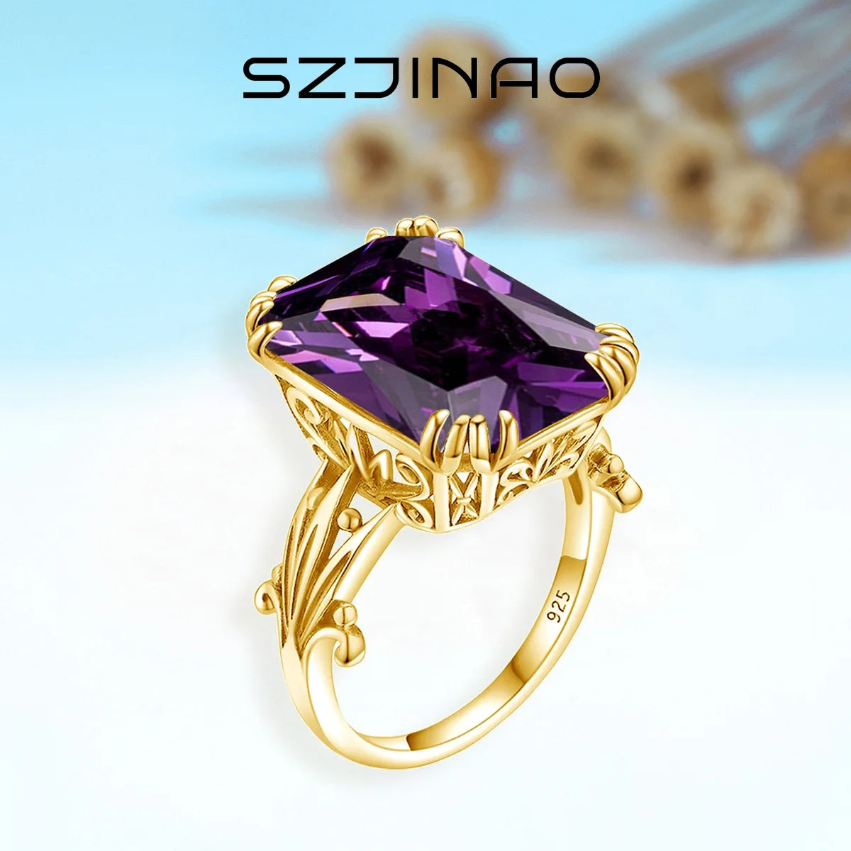Amethyst rectangle gold-plated woman's ring in 925 sterling silver - ideal for a banquet or party, sophisticated, fine jewelry - Perfect Gift for Women