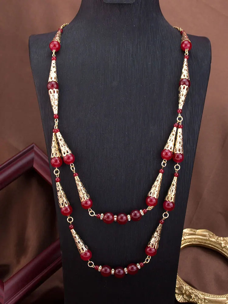 Sunspicems Long Double Layered Bead Chain Necklace for Women Gold Color Arabic Bridal Jewelry & Middle East Caftan Neck Chain