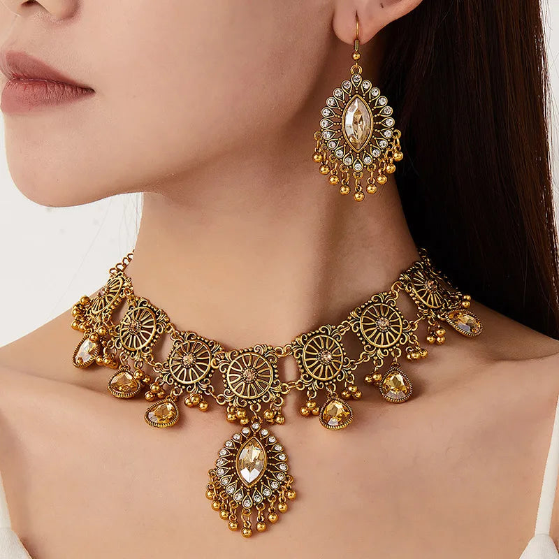Hollow Metal Ethnic Water Drop Jewelry Set for Women – Vintage Resin Pendant Necklace & Earring Gift Set for Her