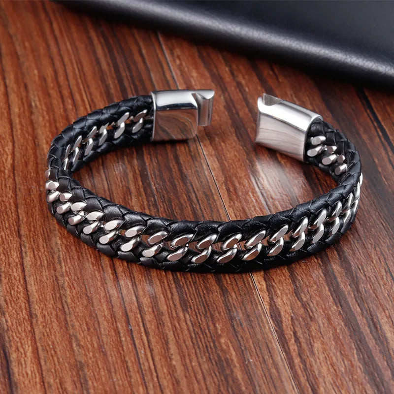 Braided Rope Woven Black Leather Stainless Steel Men's Bracelet - Punk Style Fashion Jewelry Charm Bangle For Everyday Use & Party - Elegant Gift for Men