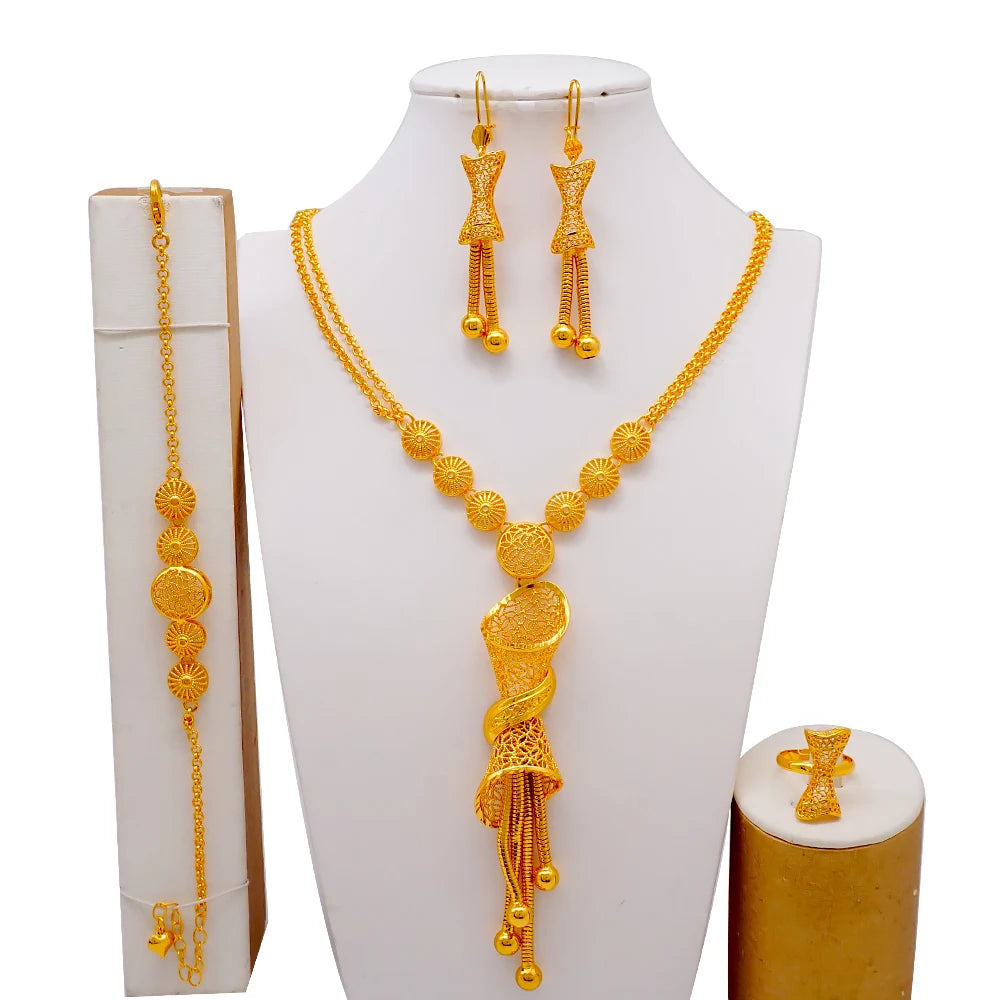 African Indian Gold Jewelry Set for Women – Dubai Style Bridal Tassel Long Necklace, Earrings, Ring & Bangle - Ideal Gift for Her