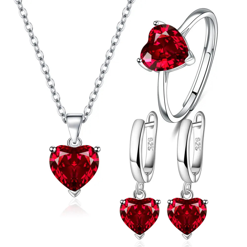 Women's Jewelry Sets - Heart Shape Zircon Ring, Earrings & Pendant Necklace of 925 Sterling Silver, Perfect for Party, Office, Wedding, Christmas & All Occasions - Elegant Jewelry Gift Set For Her