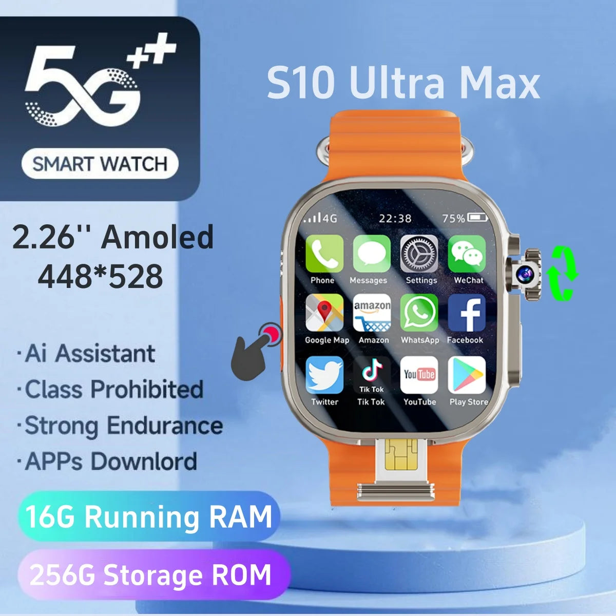 S10 Ultra Max 5G Android Smart Watch for Great Video Call | 2.26'' AMOLED Display, 800W Rotary Camera, SIM Card - Easy Gift for All