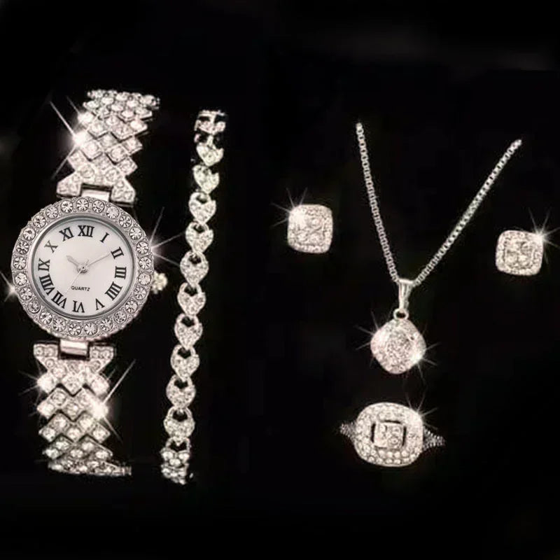 Luxury Five-Pieces Crystal Watch & Jewelry Set for Women - Rhinestone Wristwatch, Necklace, Earrings, Ring & Bracelet Set - Elegant Gift Set for Women