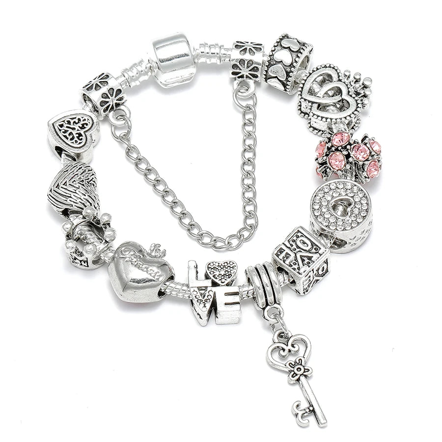 Women's Heart Key Pendant Charm Bracelets - Original Girls Princess Crown Beaded Bracelet Wife Jewelry - Excellent Gift For Women