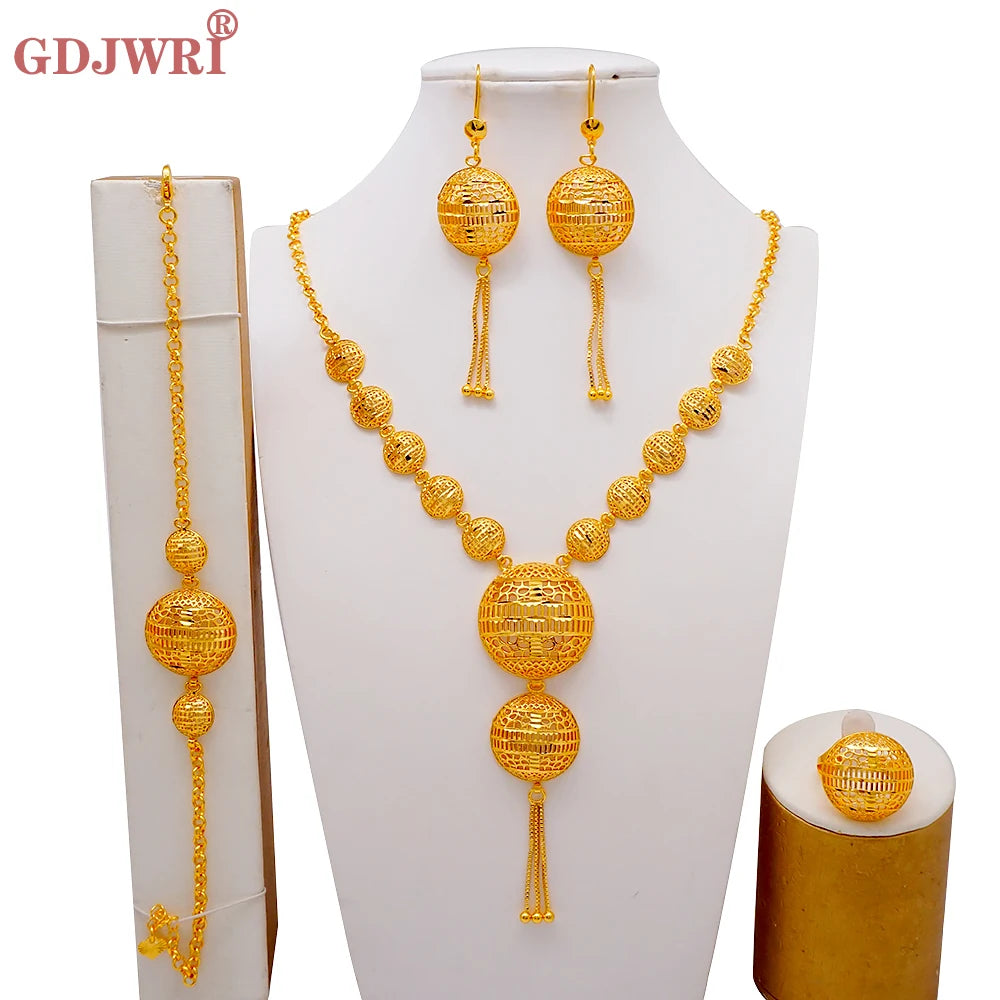 African Indian Gold Jewelry Set for Women – Dubai Style Bridal Tassel Long Necklace, Earrings, Ring & Bangle - Ideal Gift for Her