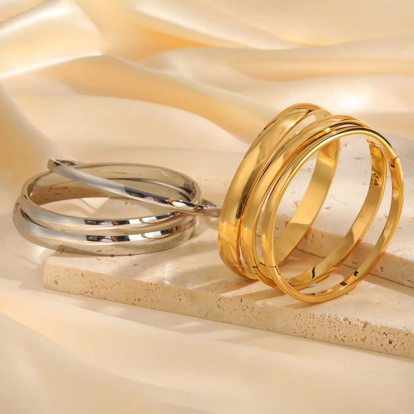 18K Gold Plated Stainless Steel Bangles for Women – 4mm, 5.7mm & 7.7mm Smooth Openable Bracelet, Classic & Elegant Jewelry Accessory