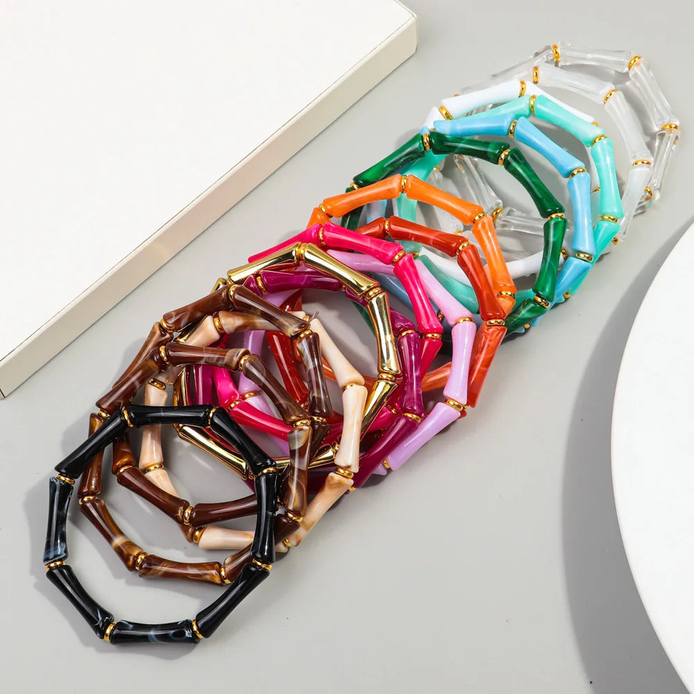 Three Pieces Set of Boho Bamboo Acrylic Bracelets for Women - New Colorful Resin Thin Tube Bead Stretchy Bracelet Bangle Stackable Jewelry - Perfect Gift for Women