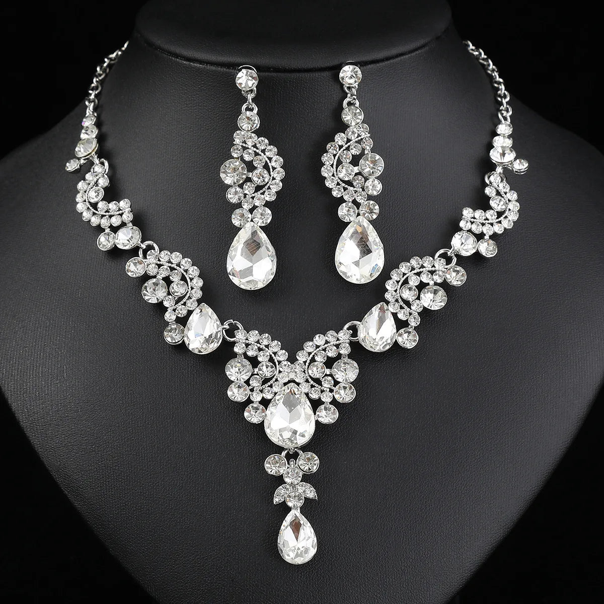 Women's 2pcs Rhinestone Waterdrop Jewelry Set – Blue Red Green White Champagne Pendant Necklace and Earrings for Bride or Special Occasions - Elegant Gift For Her