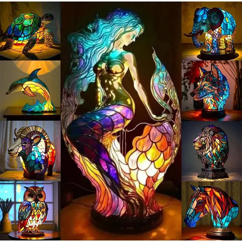 Creative Resin Animal Night Lamp – USB LED Light for Desk or Bedroom Decor, Mermaid, Wolf, Owl, Cat, Dragon Series - Perfect for Housewarming Gift
