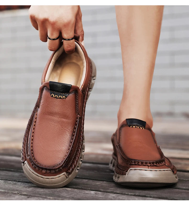 Classic Retro Leather Loafer Shoes for Men – Elegant Hand-Sewn Slip-On Casual Footwear for Summer & Spring Parties - Gift for Him