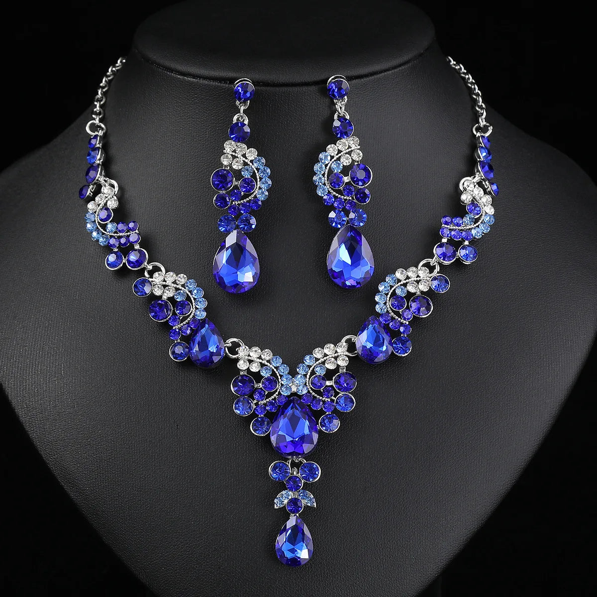 Women's 2pcs Rhinestone Waterdrop Jewelry Set – Blue Red Green White Champagne Pendant Necklace and Earrings for Bride or Special Occasions - Elegant Gift For Her