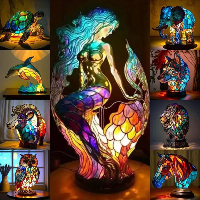 Creative Resin Animal Night Lamp – USB LED Light for Desk or Bedroom Decor, Mermaid, Wolf, Owl, Cat, Dragon Series - Perfect for Housewarming Gift