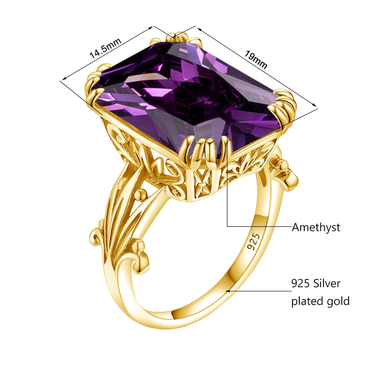 Amethyst rectangle gold-plated woman's ring in 925 sterling silver - ideal for a banquet or party, sophisticated, fine jewelry - Perfect Gift for Women