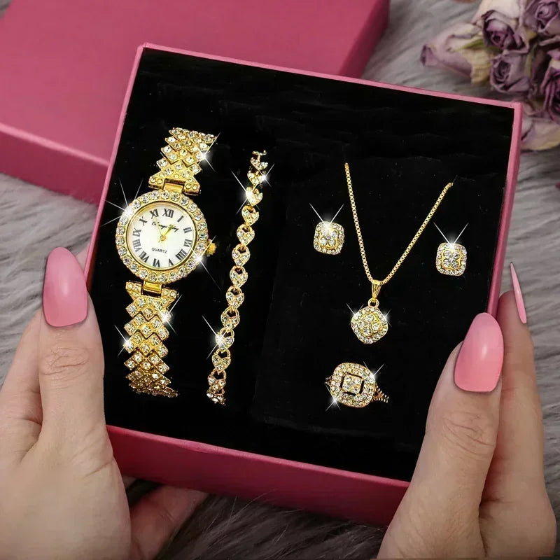Luxury Five-Pieces Crystal Watch & Jewelry Set for Women - Rhinestone Wristwatch, Necklace, Earrings, Ring & Bracelet Set - Elegant Gift Set for Women