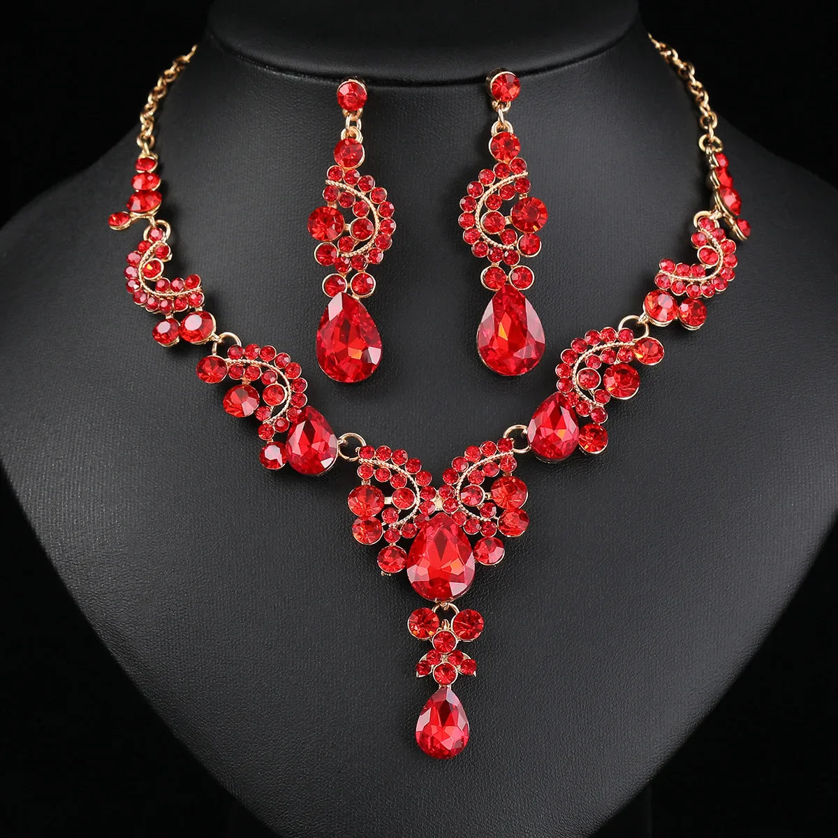 Women's 2pcs Rhinestone Waterdrop Jewelry Set – Blue Red Green White Champagne Pendant Necklace and Earrings for Bride or Special Occasions - Elegant Gift For Her