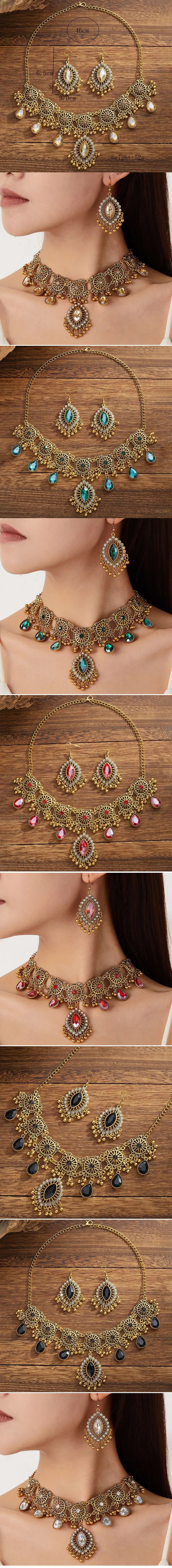 Hollow Metal Ethnic Water Drop Jewelry Set for Women – Vintage Resin Pendant Necklace & Earring Gift Set for Her