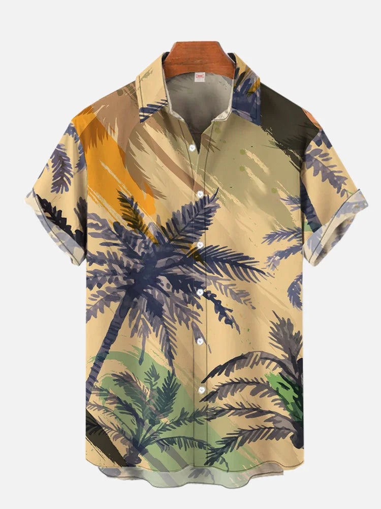 Men’s 3D Hawaiian Shirt for Summer – Coconut Tree Sunset Print Short Sleeve Beach Top - Perfect Gift for Him