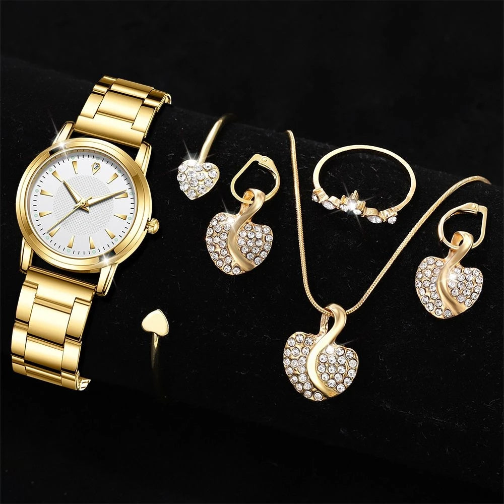 Elegant Ladies Rhinestone Watch and Jewelry Set – Gold Quartz Wristwatch with Necklace, Earrings & Ring For Wedding, Party - Perfect Gift for Women