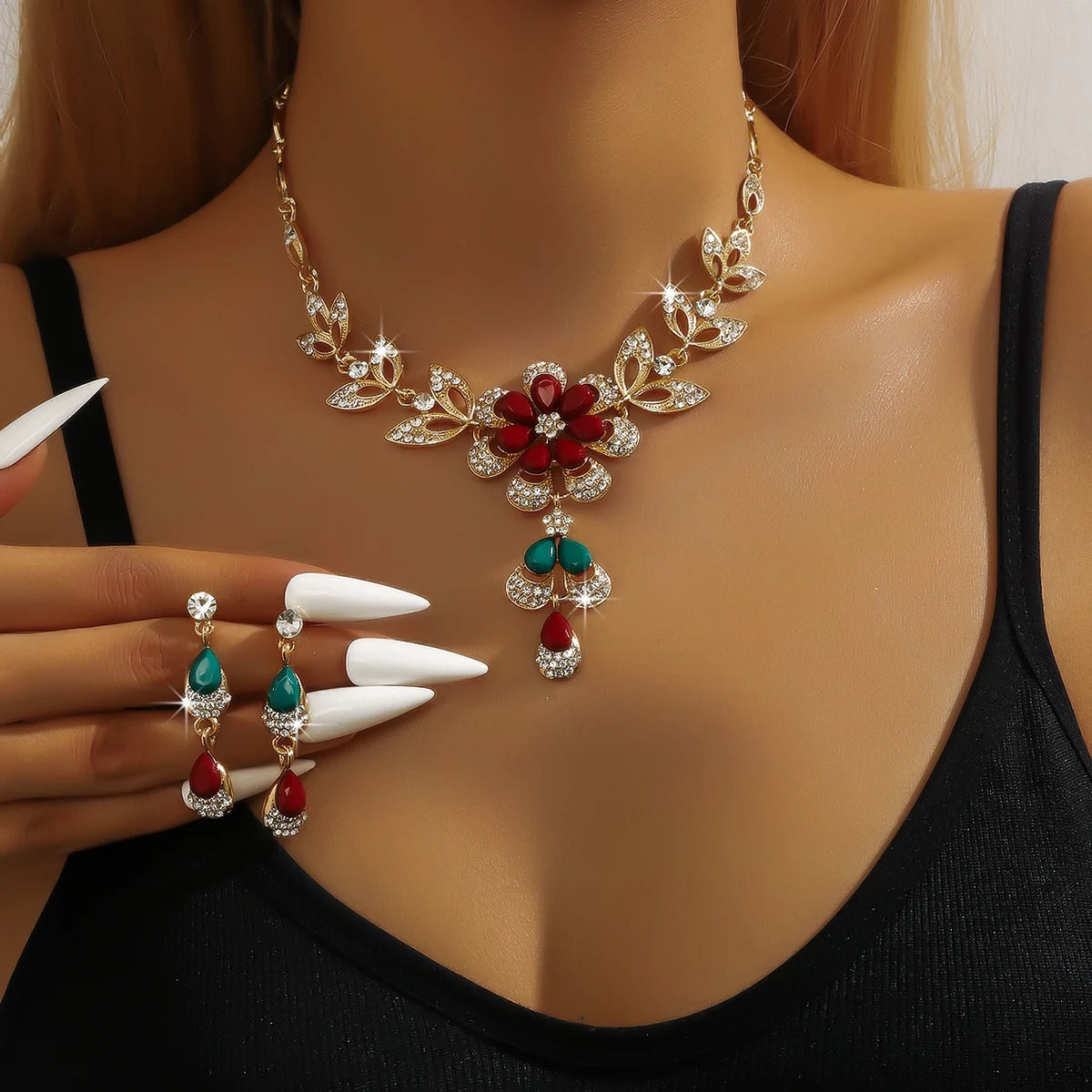 Luxury 3-Piece Camellia Necklace and Earrings Set – Floral Waterdrop Design for Bridesmaids, Banquets & Special Occasions - Perfect Gift for Her