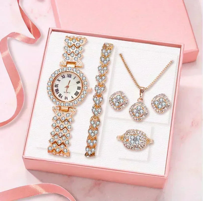 Luxury Five-Pieces Crystal Watch & Jewelry Set for Women - Rhinestone Wristwatch, Necklace, Earrings, Ring & Bracelet Set - Elegant Gift Set for Women