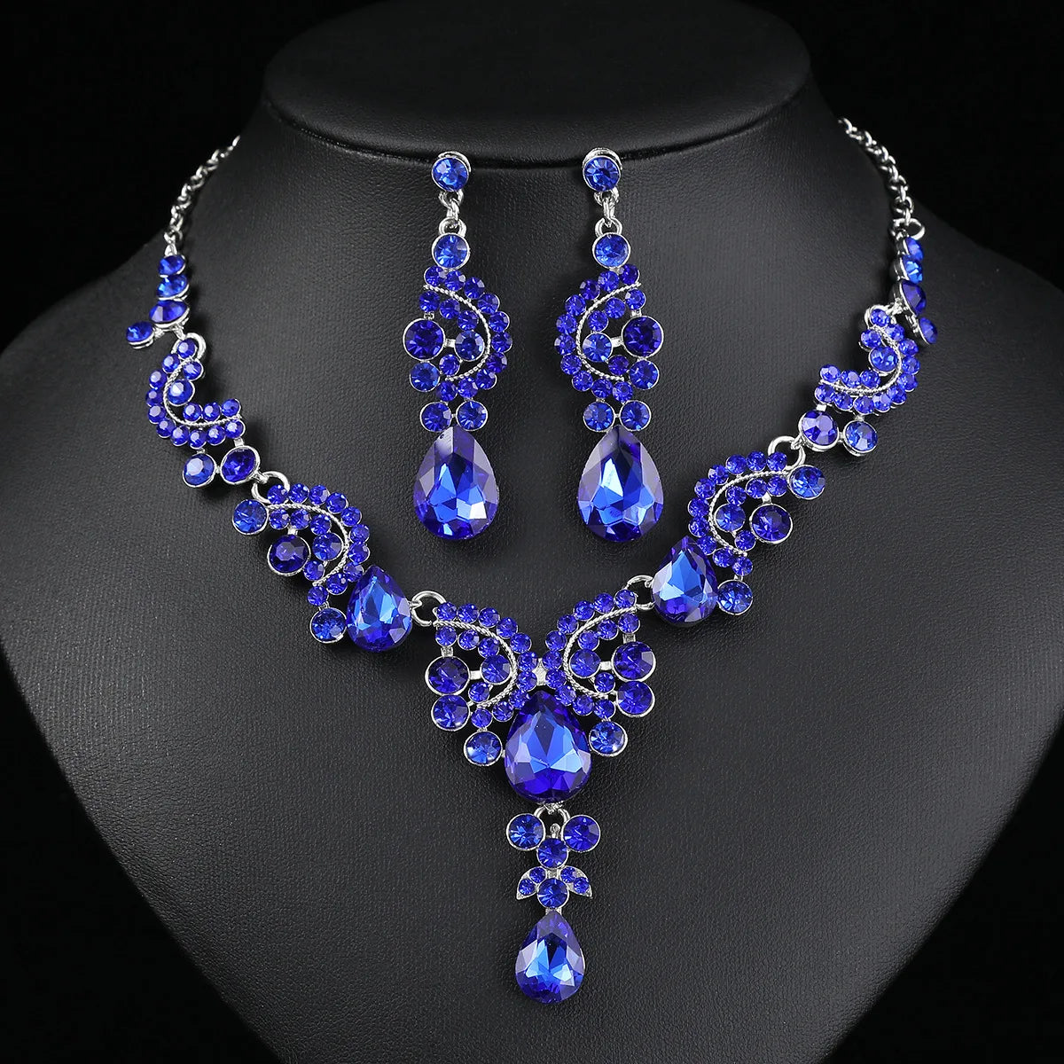Women's 2pcs Rhinestone Waterdrop Jewelry Set – Blue Red Green White Champagne Pendant Necklace and Earrings for Bride or Special Occasions - Elegant Gift For Her