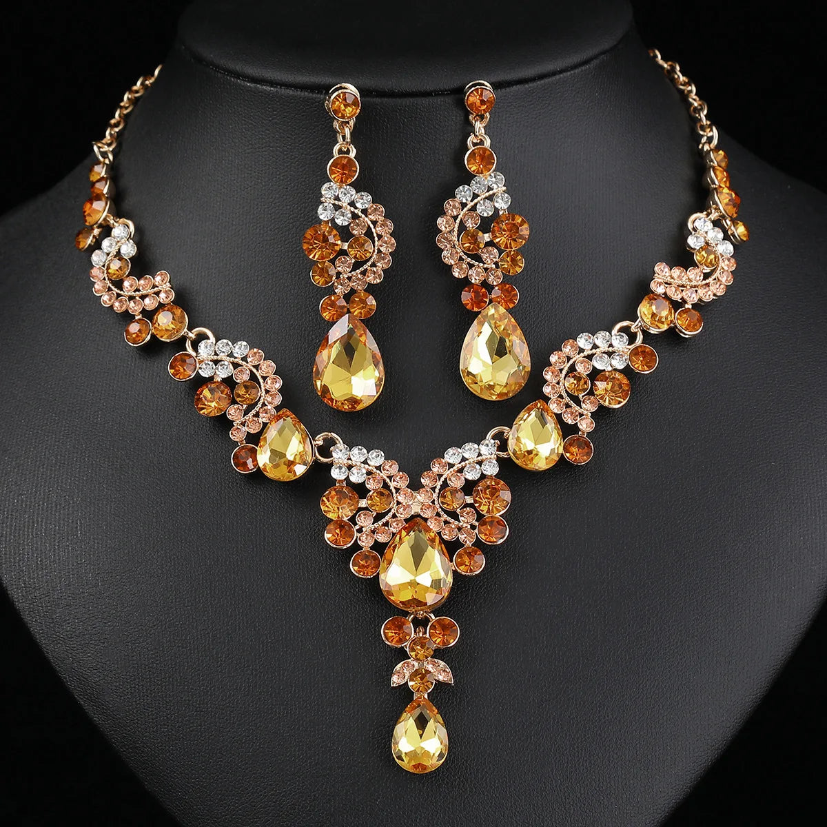 Women's 2pcs Rhinestone Waterdrop Jewelry Set – Blue Red Green White Champagne Pendant Necklace and Earrings for Bride or Special Occasions - Elegant Gift For Her