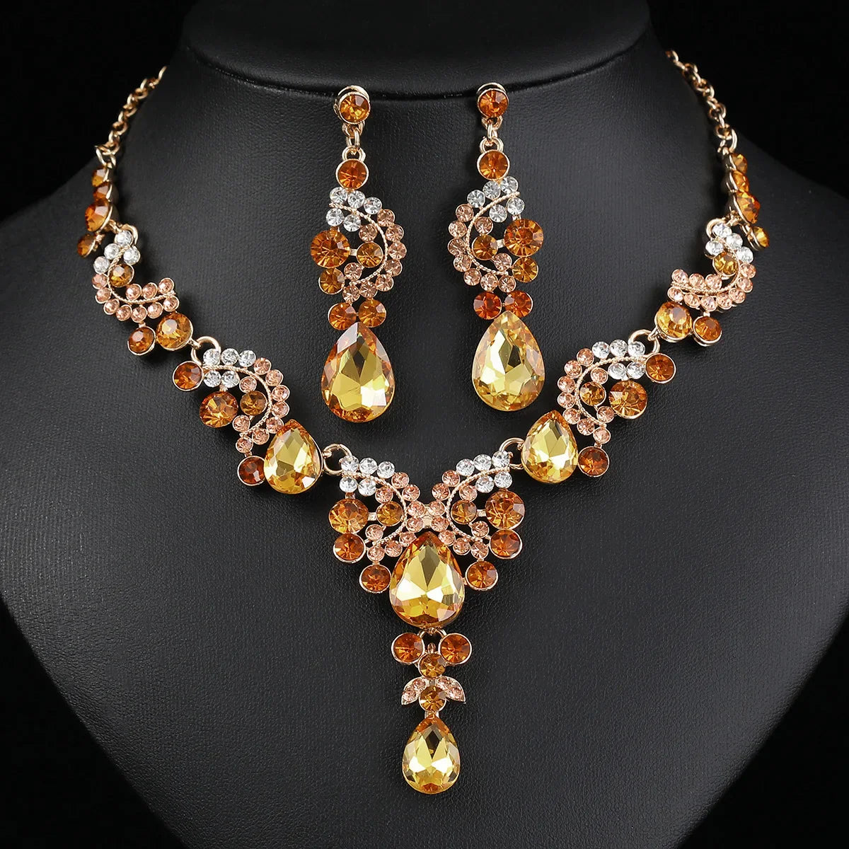 Women's 2pcs Rhinestone Waterdrop Jewelry Set – Blue Red Green White Champagne Pendant Necklace and Earrings for Bride or Special Occasions - Elegant Gift For Her