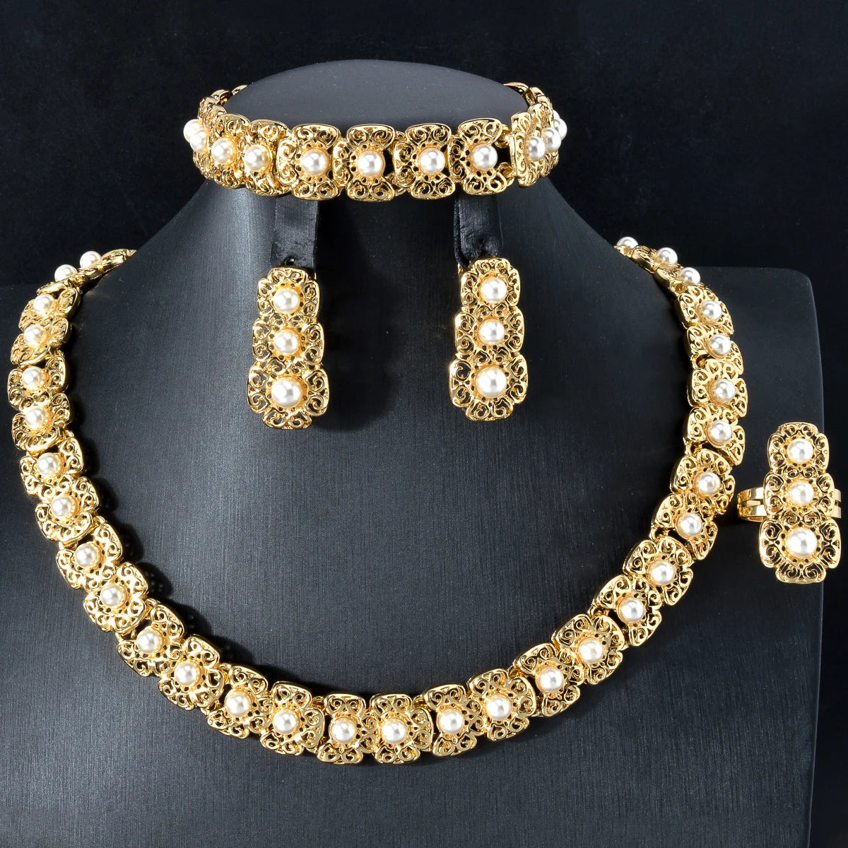Gold-Plated Bridal Jewelry Set – Necklace, Earrings, Bracelet & Ring with Three-Color Beads - Elegant Gift for women