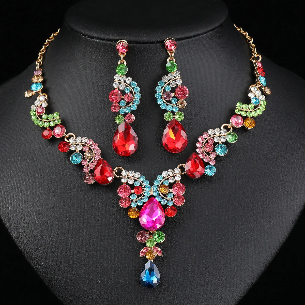 Women's 2pcs Rhinestone Waterdrop Jewelry Set – Blue Red Green White Champagne Pendant Necklace and Earrings for Bride or Special Occasions - Elegant Gift For Her