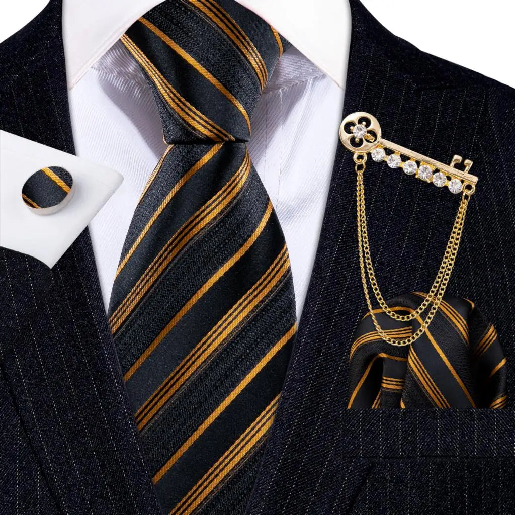 Luxury Floral Paisley Gold Black Silk Tie, Hanky, Cufflinks & Brooch Set - Men's Jacquard Necktie & Accessories for Business, Formal or Wedding - Ideal Gift for Him