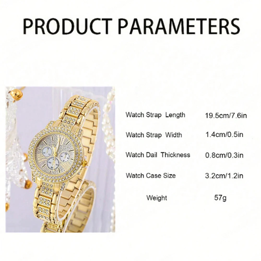 Elegant Ladies Rhinestone Watch and Jewelry Set – Gold Quartz Wristwatch with Necklace, Earrings & Ring For Wedding, Party - Perfect Gift for Women