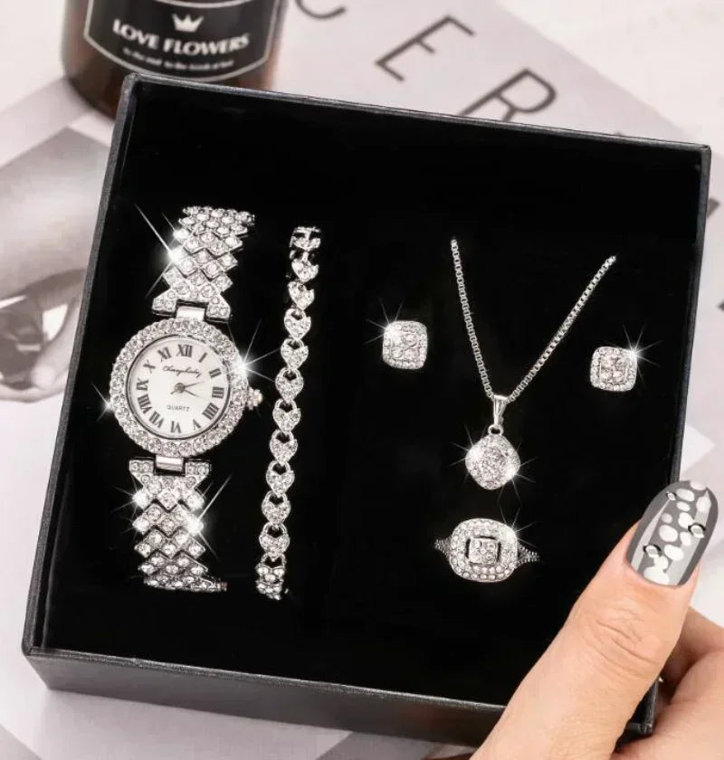 Luxury Five-Pieces Crystal Watch & Jewelry Set for Women - Rhinestone Wristwatch, Necklace, Earrings, Ring & Bracelet Set - Elegant Gift Set for Women