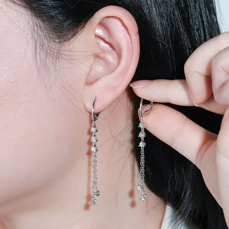 925 Silver Moissanite Tassel Earrings – RAPRGOLD Certified Dangling Hoop Jewelry Gift for Her